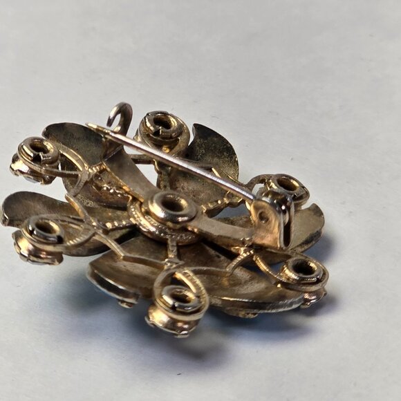 Vintage Blue Enamel Rhinestone Flower Brooch Pin Mid Century Guilloche Style - Picture 9 of 11